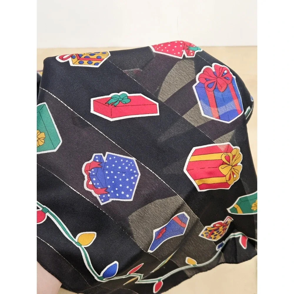 Christmas Scarf Black Sheer Lightweight Holiday Presents String Lights Wrap Vtg
